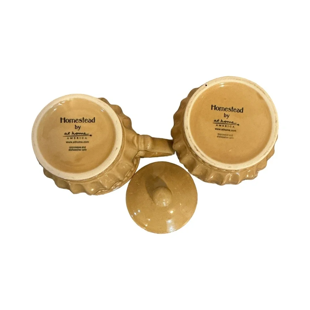 Homestead At Home America‎ Cream and Sugar Set Tan Ribbed Beaded Ceramic Farm